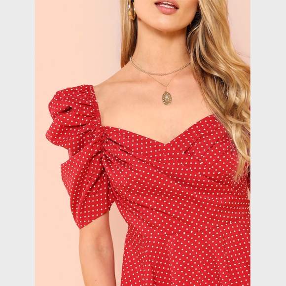 Wrap Front Polka Dot Top Maroon Red Puff Sleeves - Picture 4 of 6